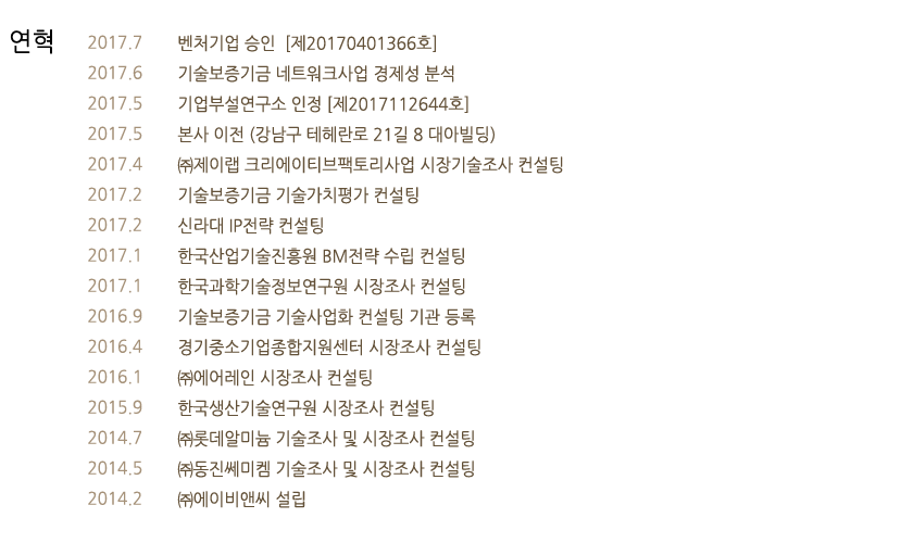 연혁 2005.3 에이비앤씨 설립 2007.9 기술거래기관 ㈜특허와 사업과 업무제휴  2008.3 ㈜동진쎄미켐 기술조사 전문 기관 등록 2012.8 ㈜OCI 시장조사   업무제휴 2013.5 ㈜롯데알미늄 M&A 컨설팅 업무제휴 2014.3  에이비앤씨 법인 전환 2016.9 기술보증기금 기술사업화 컨설팅 기관 등록